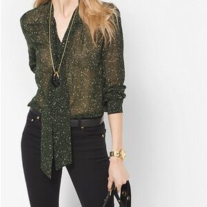 Michael Kors Women’s Green & White Blouse with Necktie Size